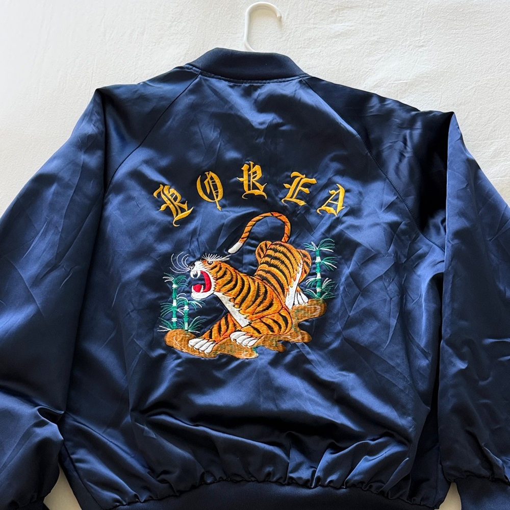 Vintage blue Satin Jacket with Tiger Embroidery